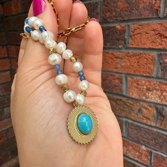 Medallion Turquoise 18K Gold Stainless Steel Waterproof Necklace - Picture 6 of 10